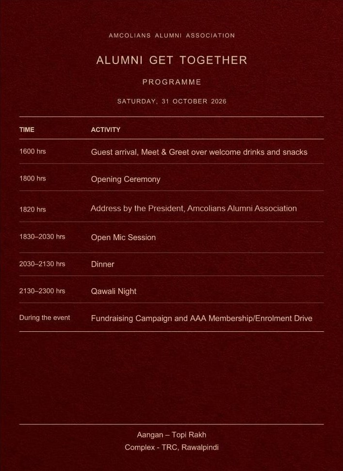 Alumni Get Together programme, Saturday 31 October 2026, at Aangan, Topi Rakh Complex (TRC), Rawalpindi